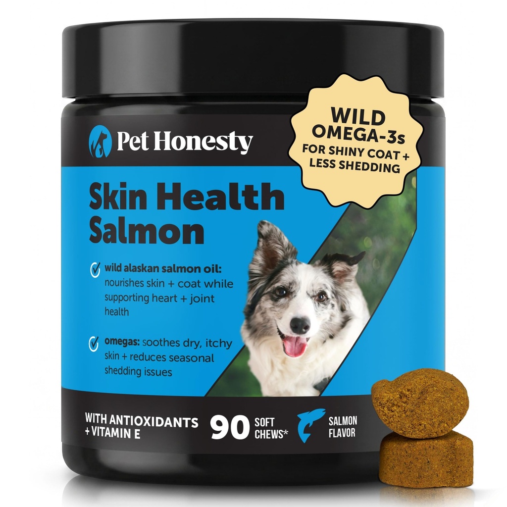 Pet Eerlijke huid Gezondheid Zalm Kauwen - Itch Relief voor honden, Omega 3 Visolie voor honden, Natuurlijke Zalmolie voor honden Kauwen voor gezonde huid & jas, Kan Vergieten verminderen, Hond Visolie Supplementen - 90 Ct