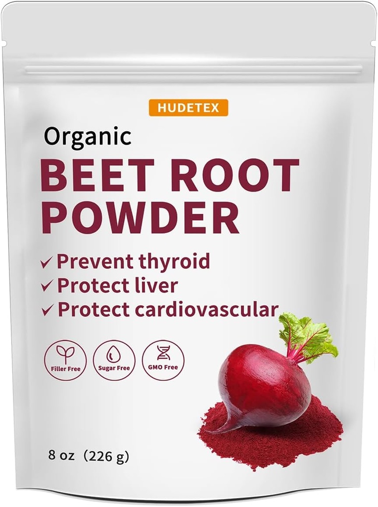 Hudetex Beetroot Powder Organic, 8oz, Freeze Dried Supports Liver Function & Body Energy, Keep Youth,Rich in Vitamin B12, Iron, Folic Acid - Non-GMO, Vegan