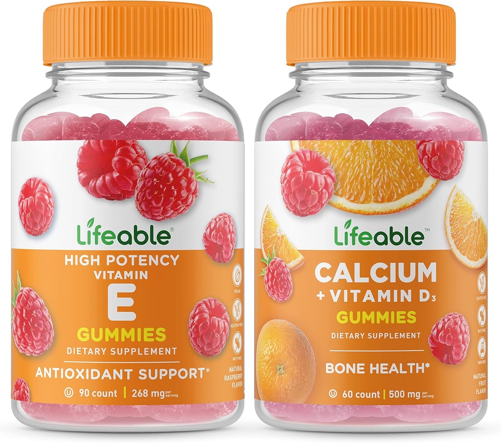 Levensbaar Vitamine E + Calcium met vitamine D, Gummies Bundle - Grote Proeverij, Vitamine Supplement, Glutenvrij, GGO-vrij, Kauwgom