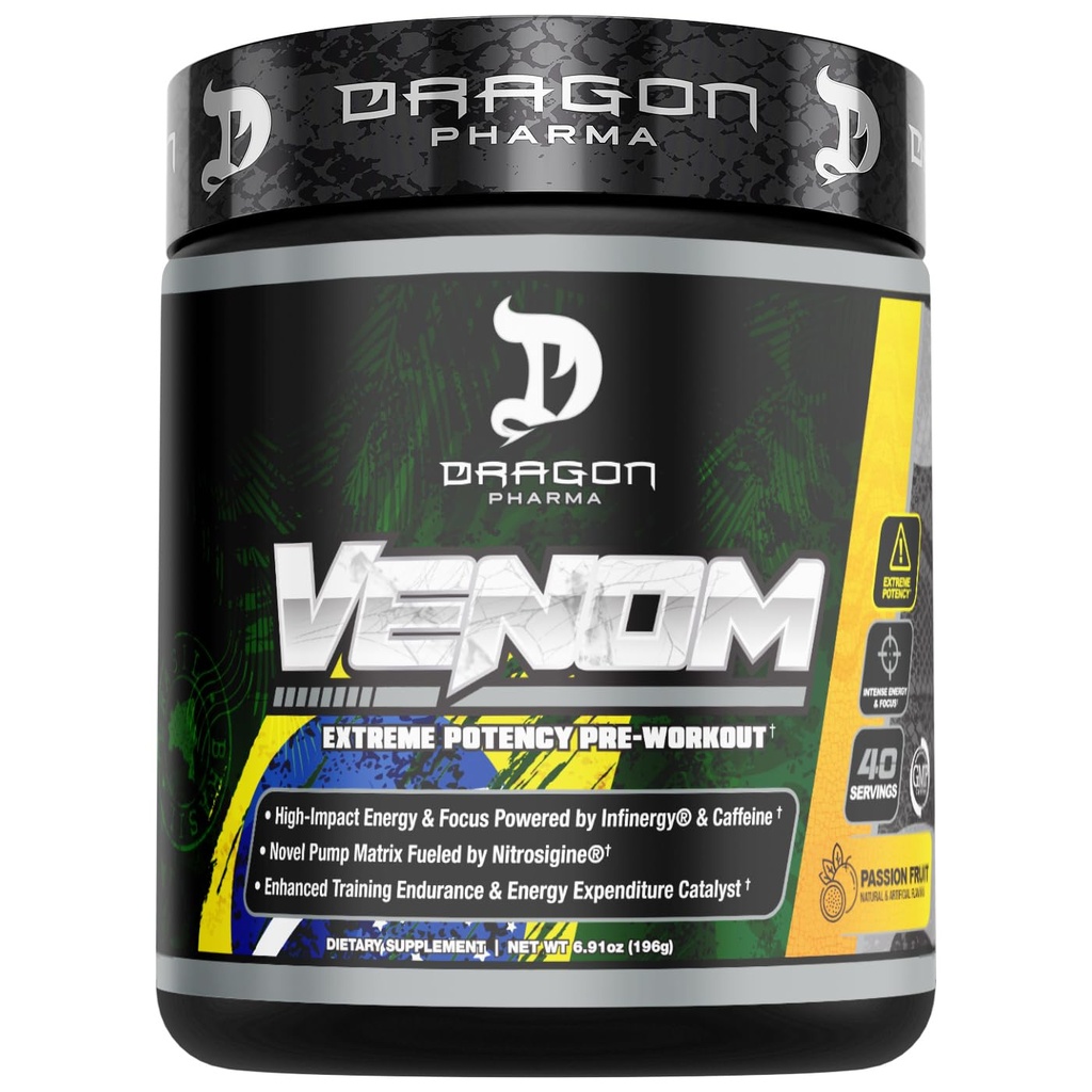 DRAGON PHARMA Venom Extreme Potency Pre-Workout, Laser Sharp Focus + Energy, Intense Performance, Bewezen Ingrediënten voor Verbeterde Vasodilatatie & Endurance (40 porties, Passiefruit)