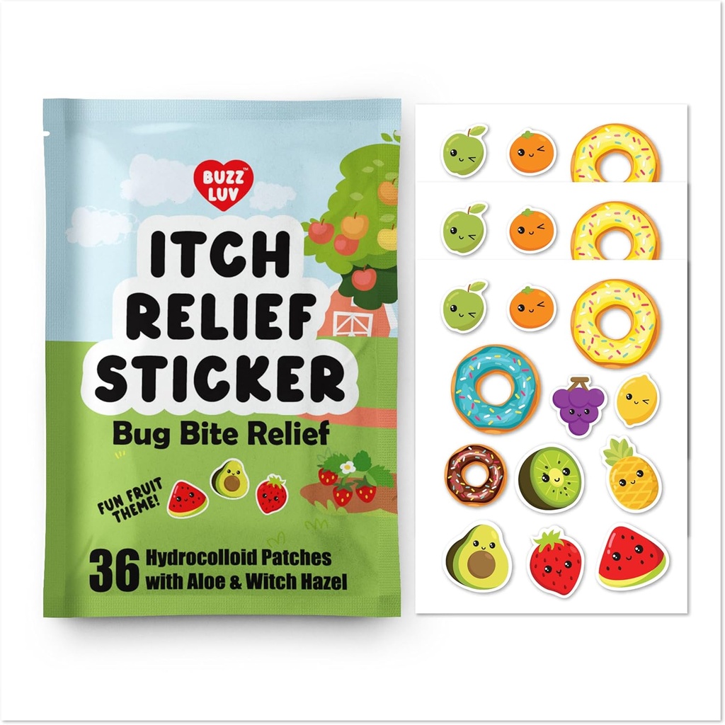 Hydrocolloid Itch Relief Patch, voor Mosquitos, Ticks, Midges, Sandflies Bug bite Relief, Anti-Itch Patch met Aloë en Witch Hazel, Insect bite Relief, Kid-Friendly, Natural Fruit Thema
