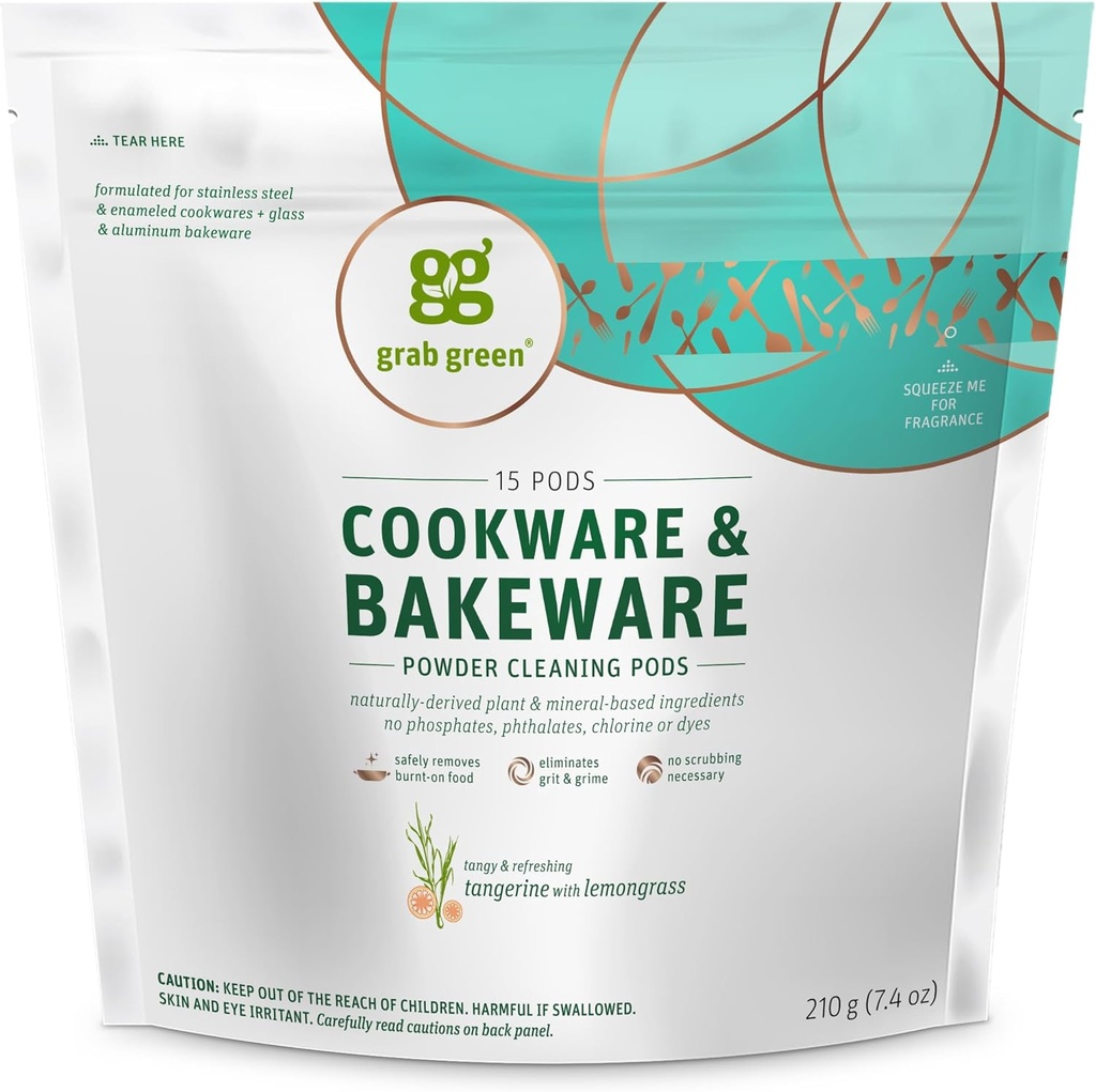 Grab Green Cookware and Bakeware Cleaner Pods,15 Pods, Tangerine Lemongrass Geur, Plant en Mineraal Gebaseerd, Verwijdert Burnt-On Food, Elimineert Vlekken