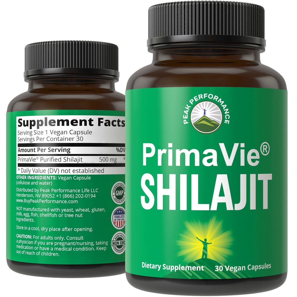 PrimaVie Purified Shilajit Capsules Gemaakt met Pure Shilajit Poeder. Klinisch getest natuurlijk supplement met 40+ sporenmineralen, Fulvinezuur. Tabletten Ondersteuning Mitochondria + Hersenfunctie