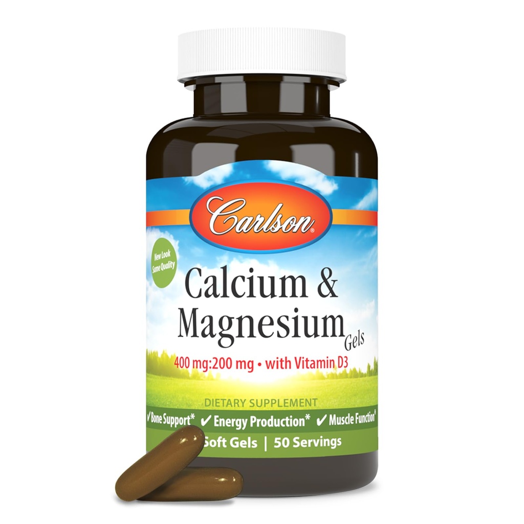Carlson - Cal-Mag Gels, 2:1 Calcium tot Magnesium Ratio, Bone Support, Energieproductie, 100 Zachte gels