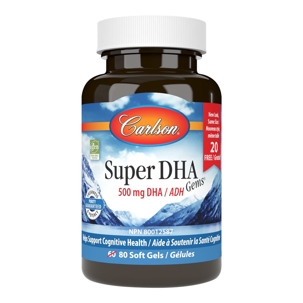 Carlson - Super DHA Gems, 500 mg DHA Supplementen, 640 mg Vetzuren, Wild-Caught Norwegian Arctic Fish Oil Concentration, Sustainablely Sourced Nordic Fish Oil Capsules, 60+20 Softgels