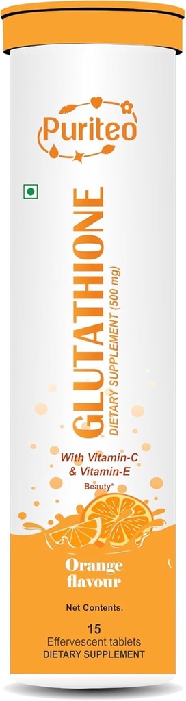 Glutathione 15 Effervescent Tablets with Vitamin C & E, for Clear Skin & Hydration, No Added Sugar, Orange Flavour - (15 Tablets, Pack of 1)