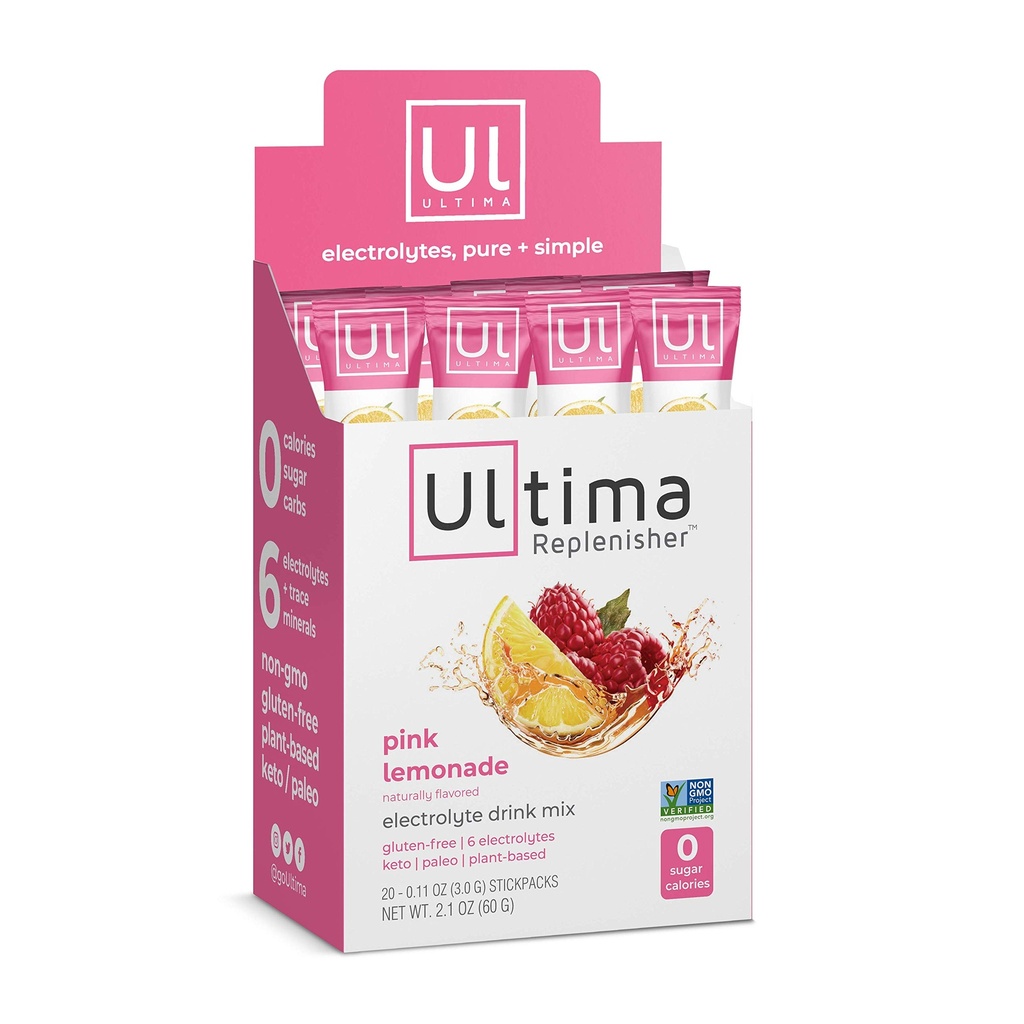 Ultima Replenisher Electrolyte Hydration Drink Mix, Roze Limonade, 20 Serving Stickpack Box - Suikervrij, 0 Calorieën, 0 Koolgewassen - Glutenvrij, Keto, Non-GMO, Veganistisch