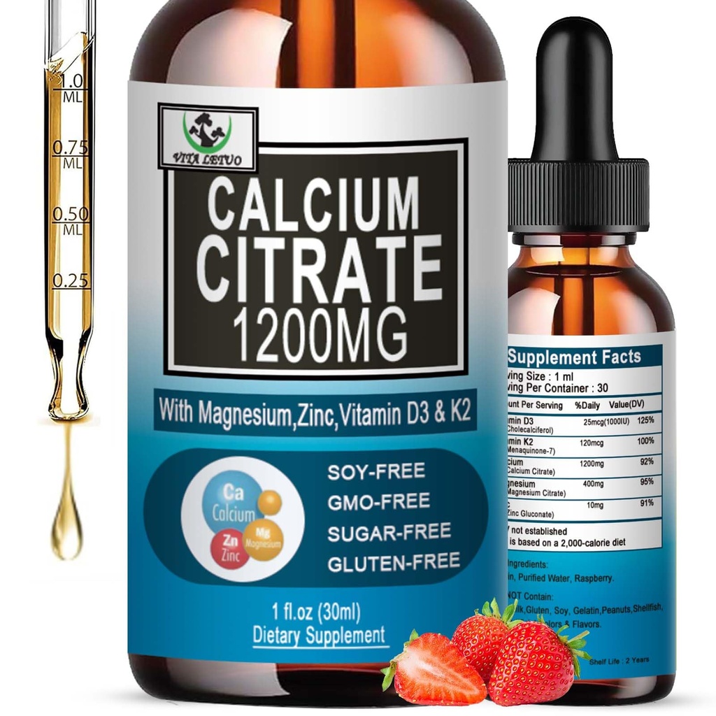 Calcium citraat supplement,1200mg Calcium met vitamine D3 druppels voor bot, tanden, colon, cardiovasculaire gezondheid, hoge absorptie vloeibare calcium Magnesium citraat 400mg Plus zink vitamine K2,Vegan,30 porties