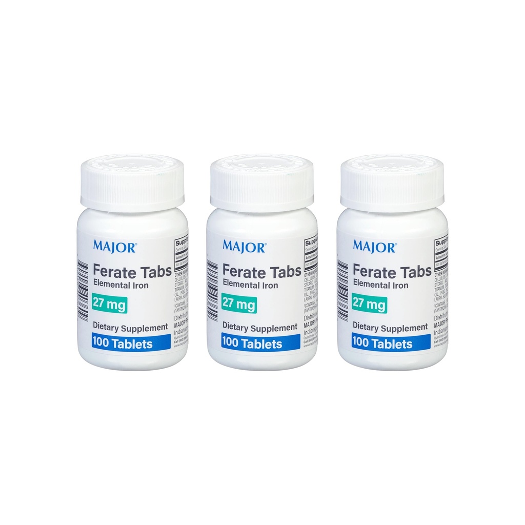 Major 27 mg Ferate Tabs - Ferrous Gluconate Elemental Iron Dietary Supplement - 100 Tellen (3 Verpakking)