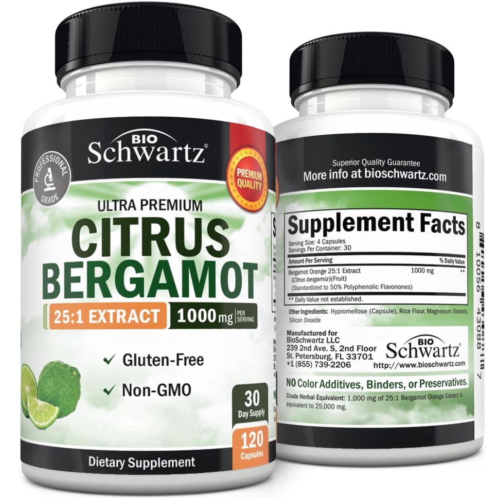 Citrus Bergamot 1000mg - Citrus Bergamot Supplement for Cholesterol and Heart Health - Ultra Concentrated from Fresh Fruit for Enhanced Absorptie - Vegan, Non-GMO, Gluten-Free - 120 Mini Capsules