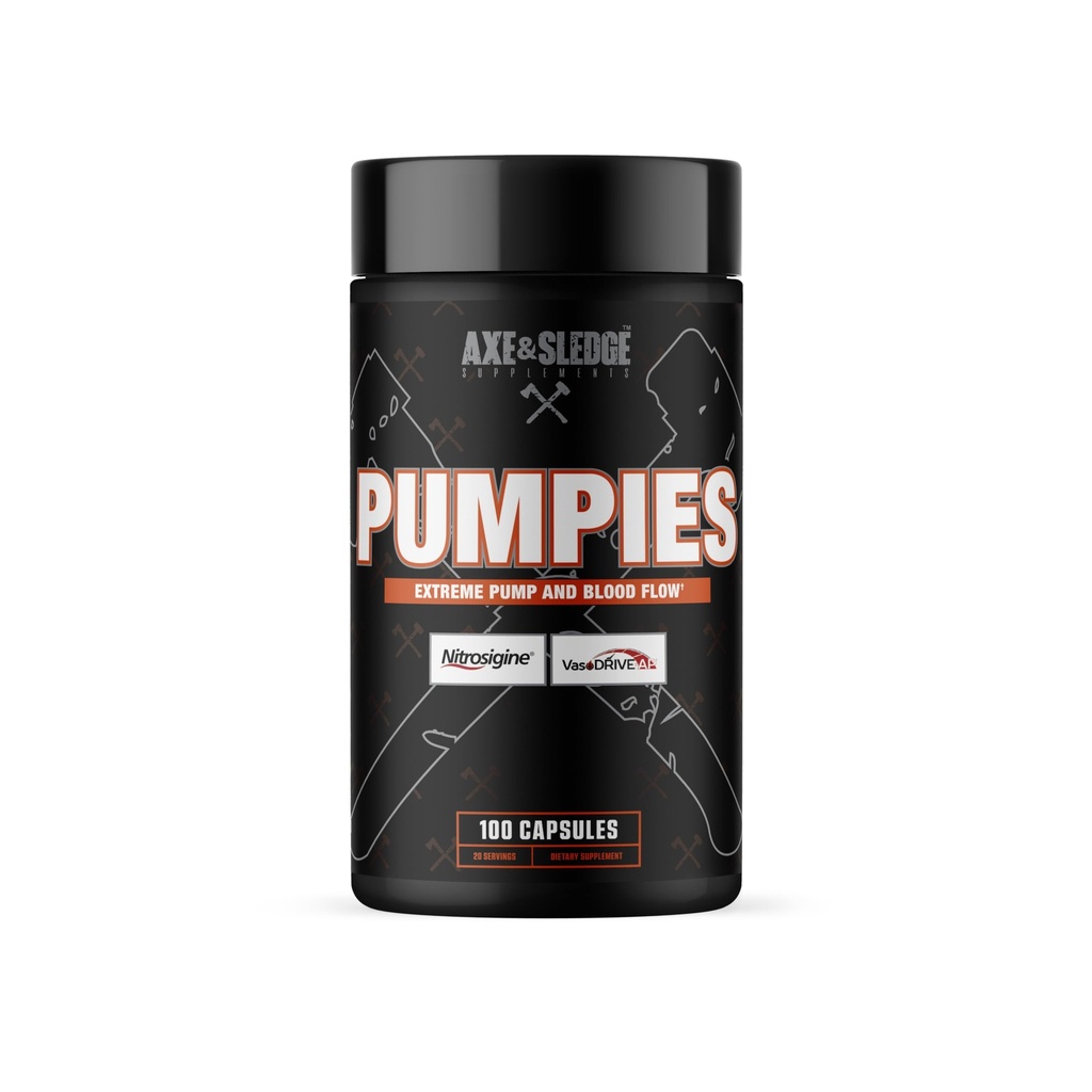 Axe & Sledge Supplementen PUMPIES Nitric oxide Booster met vasoDrive-AP en Nitrosigine, Verhoog pompen, prestaties en herstel, 20 porties, 100 capsules
