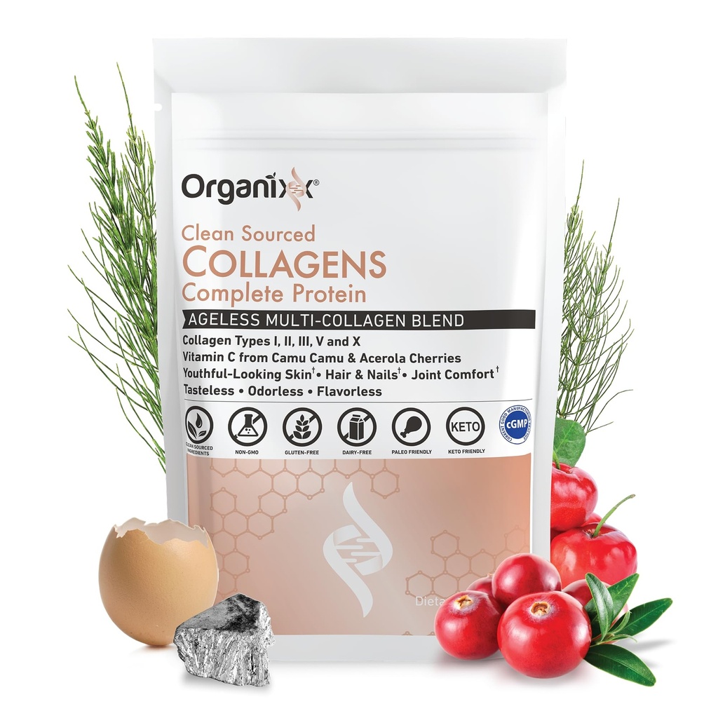 Organix Collageen Peptides Powder with Vitamin C, Types I, II, III, V, X Hydrolyzed Collageen, Hair, Nail, Skin, Bone & Joint Health, Aging Support, Clean Sourced, Gluten Free, Unflavored, 30 Servers