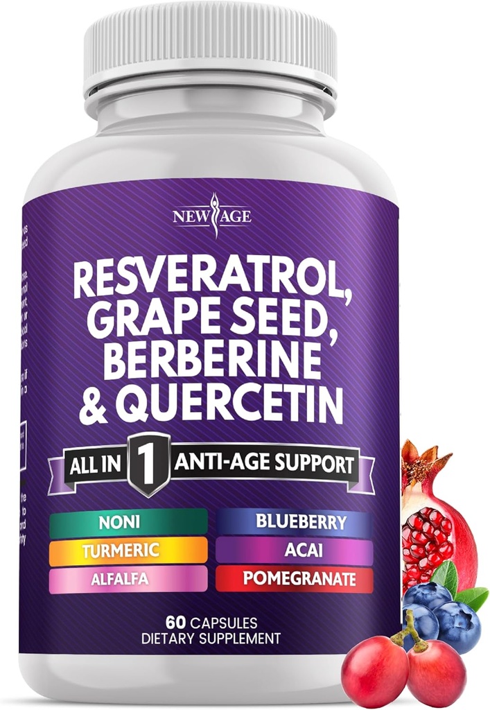 NIEUWE AGE Resveratrol, Berberine, Grape Seed Extract, Quercetine - Polyfenol Supplement voor vrouwen en mannen met Noni Extract, N-Acetyl Cysteine, Acai Extract - 60 Capsules