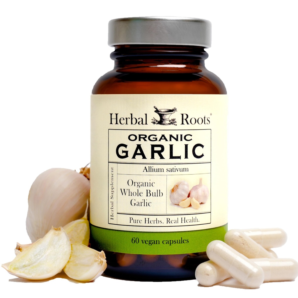 Kruidenwortels Biologische Hele Bulb Knoflook pillen - Krachtige Extra Sterkte 600 mg - 60 Biologische Vegan capsules
