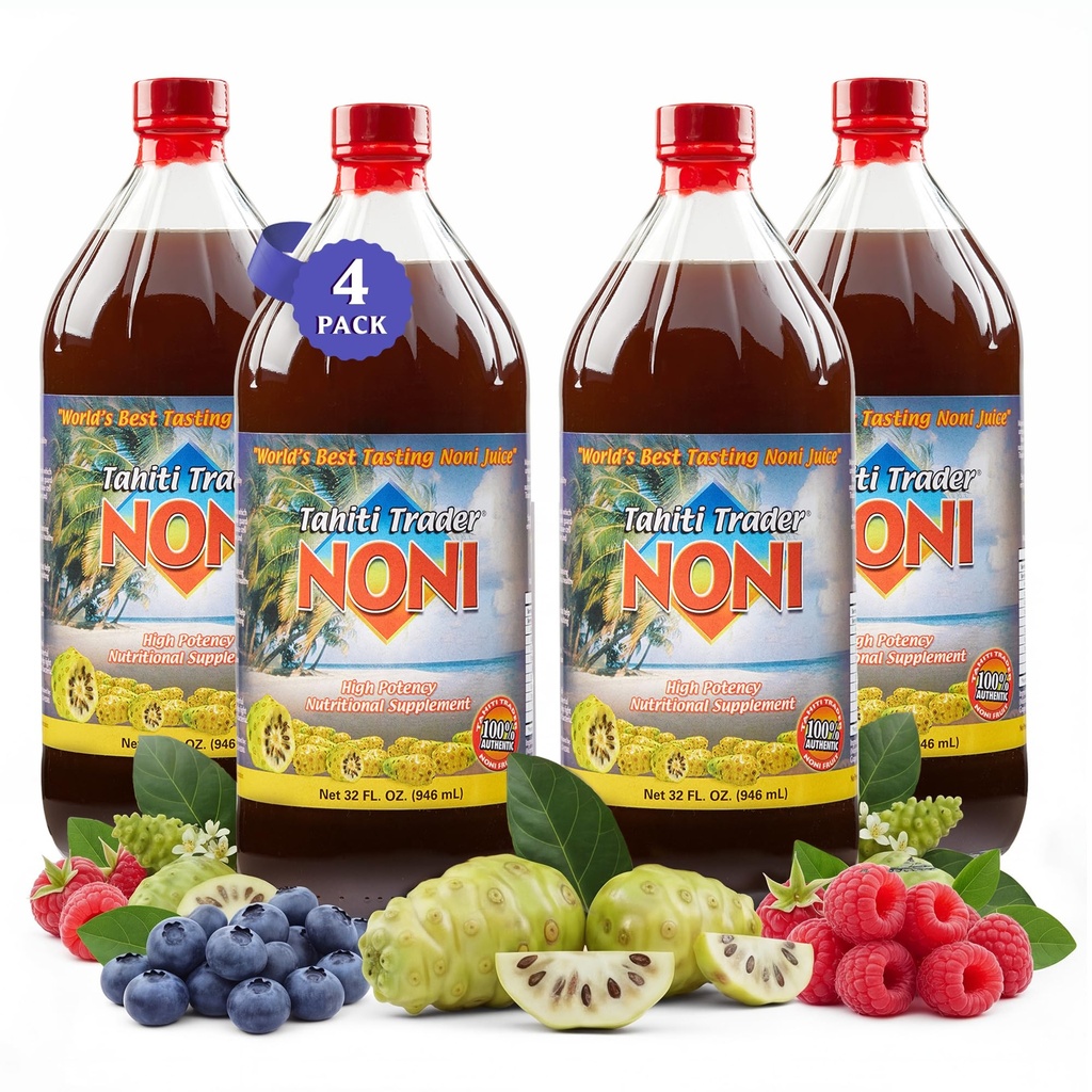 TAHITI TRADER (4-PK) Original High Potency Noni Juice - Pure Noni Fruit Juice with Blueberry & Raspberry - Organic Antioxidant Superfood Support Energy & Body Health - (32oz, 4 Pack)
