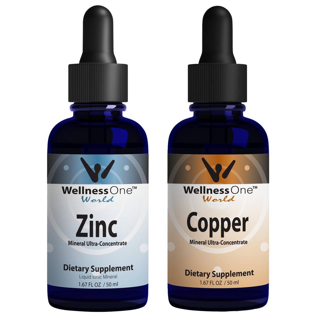 WellnessOne Ionic Liquid Zink & Liquid Copper - Zink-koper bundel ter ondersteuning van het immuunsysteem & Joint, Nerve & Bone Health - 1,67 fl oz Zink & koper Liquid Drops