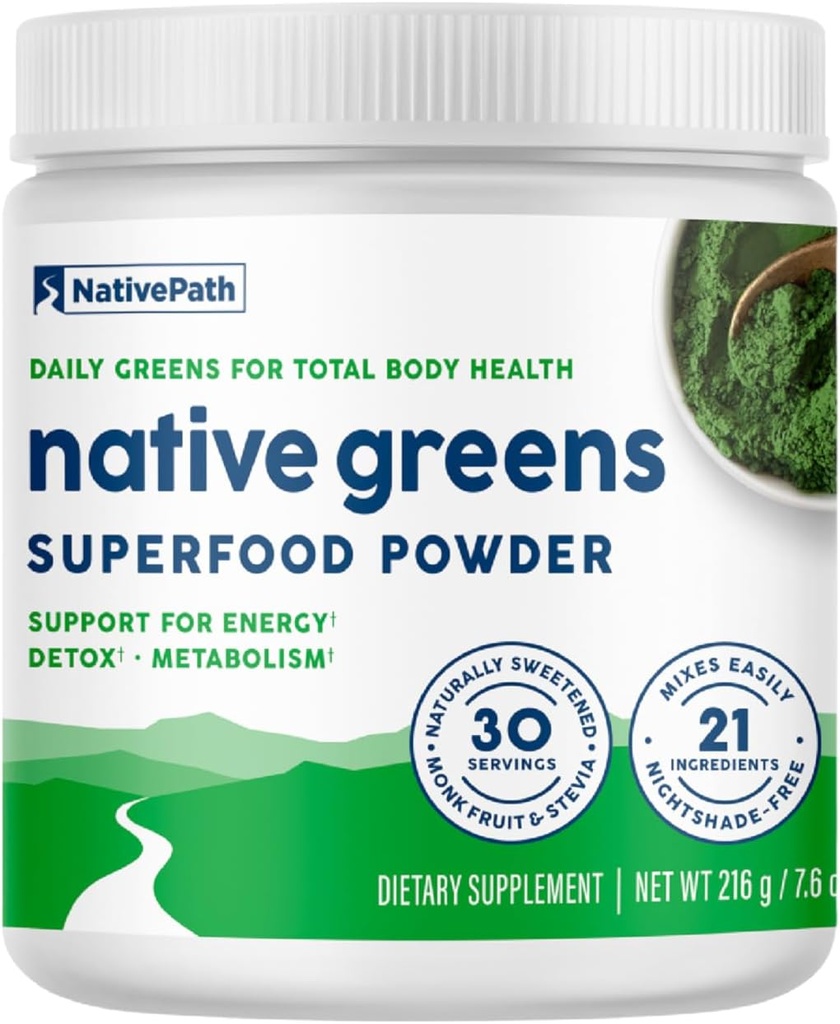 NativePath Native Greens Superfood Powder – Organic Greens, Spirulina, Beet Root Powder, Digestive Enzymes, Probiotics, Nightshade-Free, Naturally Sweetened, 30 Servings