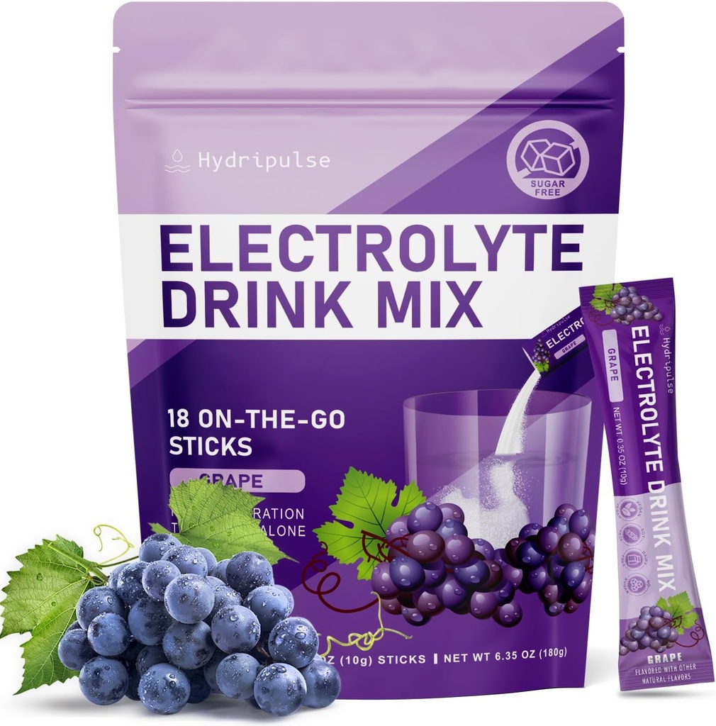 Elektrolyten Poeder Pakjes - Suikervrij, natuurlijk smaak, 10 Electrolyte & vitamines Electrolyte Drink Mix - druivensmaken, Keto Vriendelijke, Veganistische, Niet-GMO, 18 Packets
