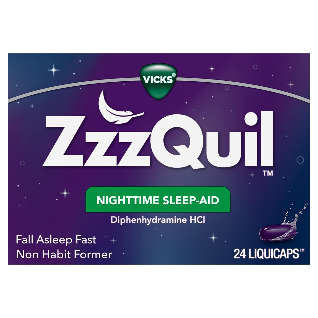 Vicks ZzzQuil, Nachtslaaphulp LiquiCaps, 25 mg Difenhydramine HCl, No.1 Sleep-Aid Merk, Non-Habit Vorming, Val Slaap Snel, 24 Tellen