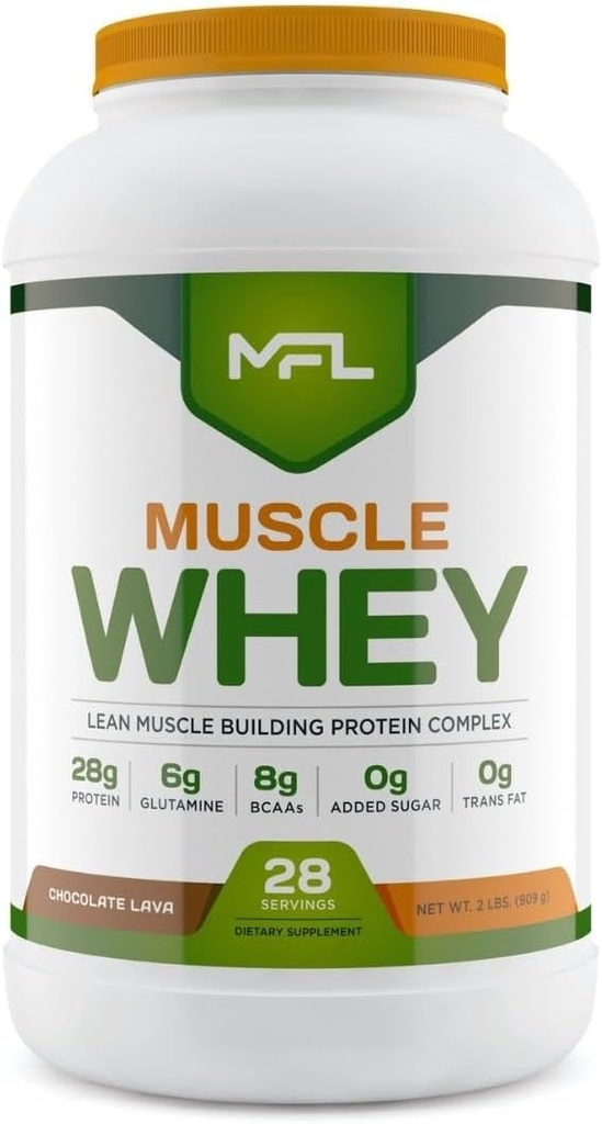 MFL Muscle Whey Protein l 28g proteïne l 8g BCAA's l Keto Friendly l Low Carbs l 2 lbs (Chocolate Lava)