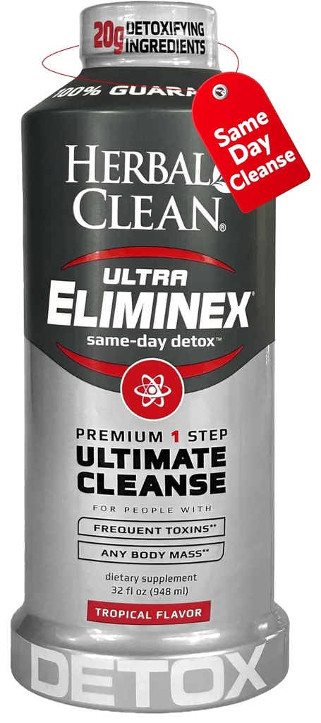 Herbal Clean Same Day Ultra Eliminex Detox Cleanse Drink* (32 fl oz) - Tropical Fruit Flavor Full Body Cleanse Detox Drink with Milk Thistle Seed* for high Toxin*, Vitamin B12 for Men & Women