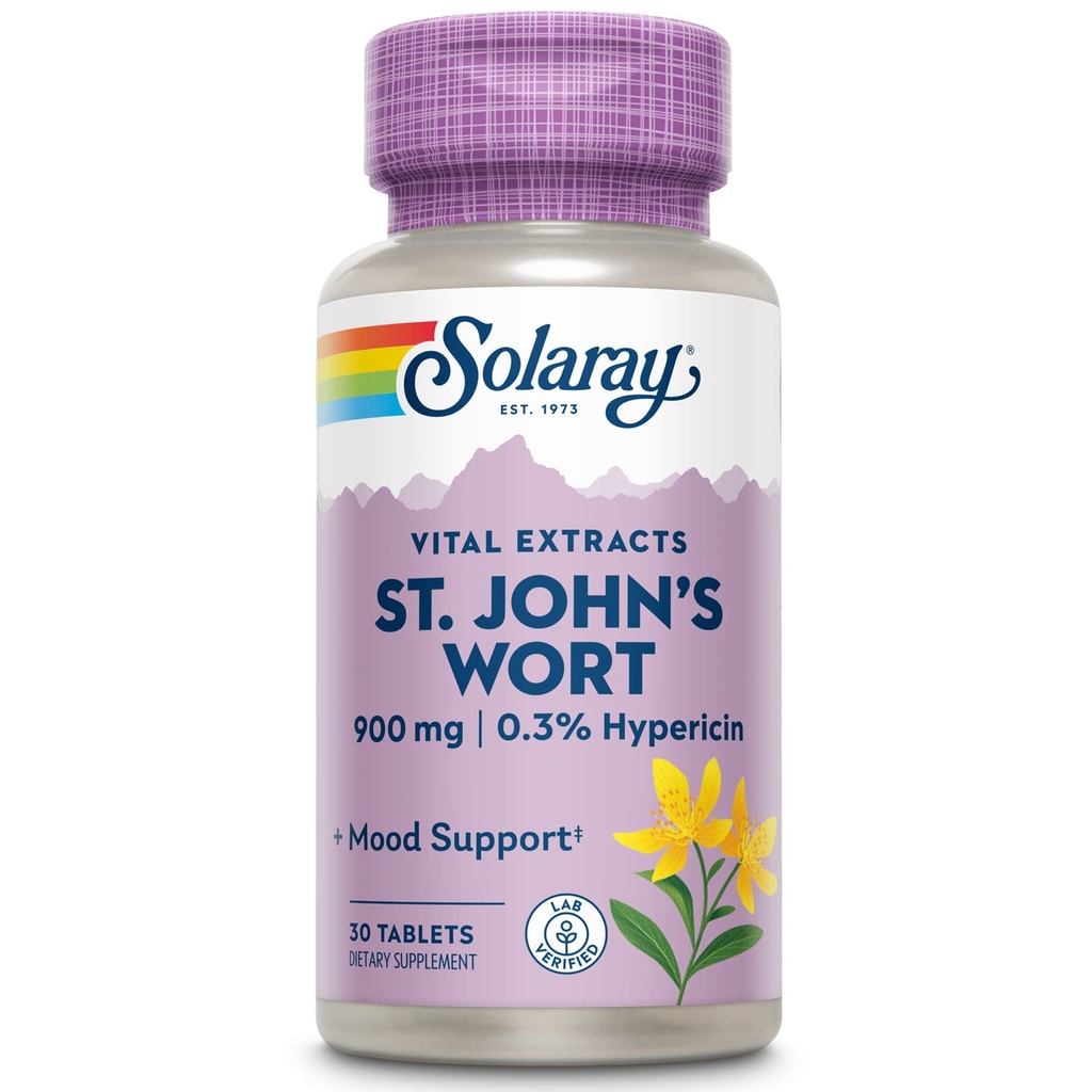 SOLARAY St John's Wort 900 mg, Once Daily Mood Support Supplement, Standardized to 0.3% Hypericin for Brain Health Support and a Balanced Mood, 60-Day Money Back Guarantee, 30 Servings, 30 Tablets