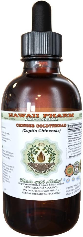 Chinese Goldthread Alcoholvrije Liquid Extract, Chinese Goldthread (Coptis Chinensis) Gedroogde Wortel Glycerite Hawaii Pharm Natural Herbal Supplement 2oz
