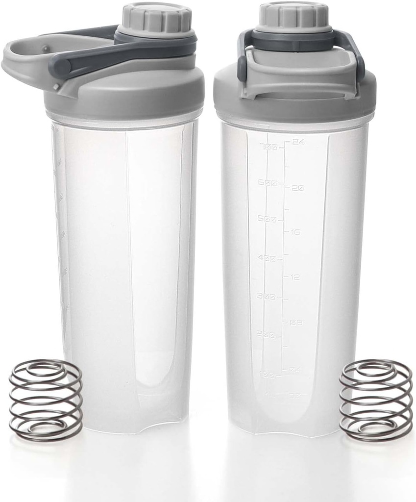 EYMPEU 2 Pack Shaker Flessen voor eiwitmixen BPA & Phtalaatvrije, vaste schroefdeksel Leakproof Shaker Cup Vaatwasser Veilig voor eiwitshakes 24oz, Clear Grey
