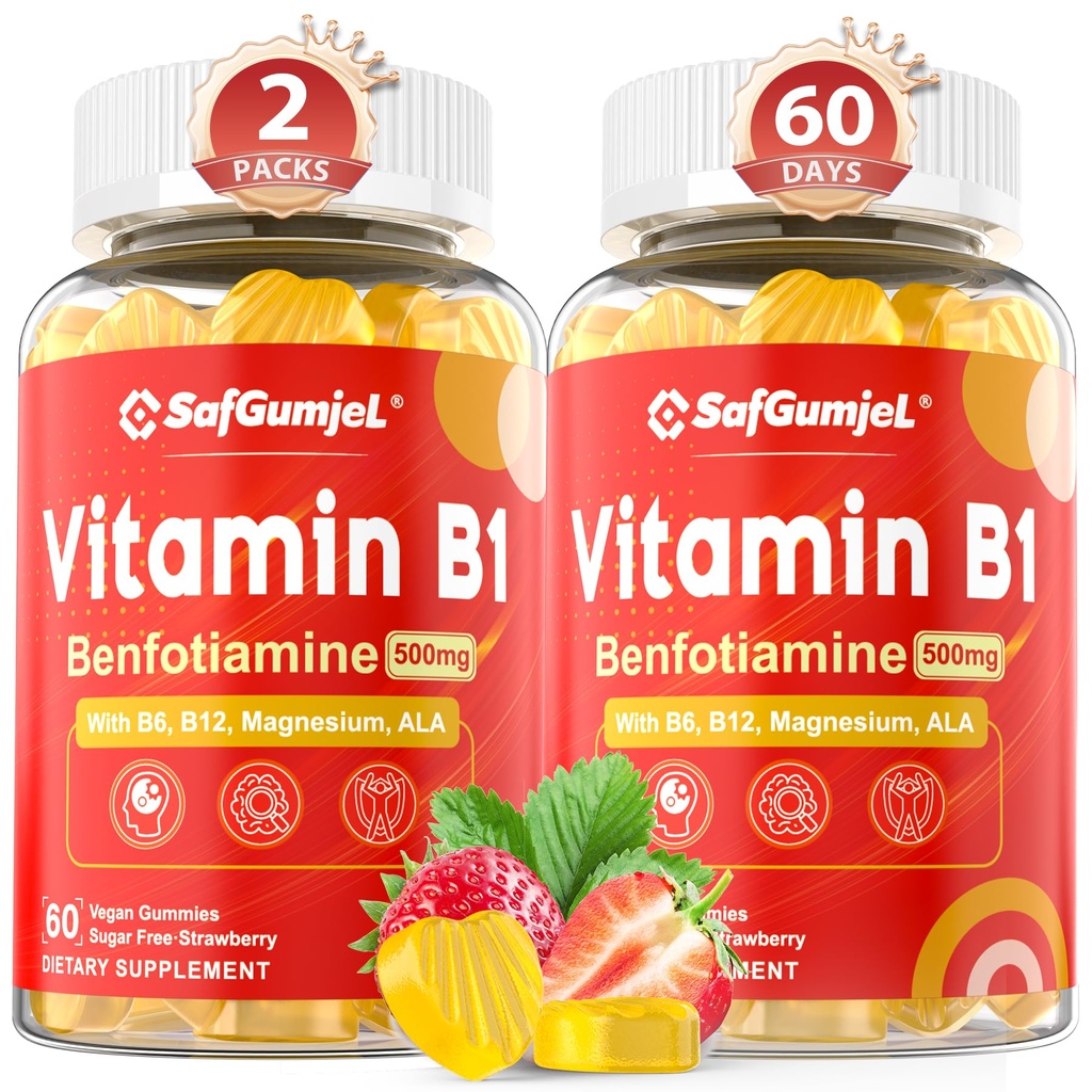 Vitamine B1 Gummies 500 mg Benfotiamine 500 mg met vitamine B6 B9 B12 & Magnesium voor nerve gezondheid, energie & stofwisseling ondersteuning 