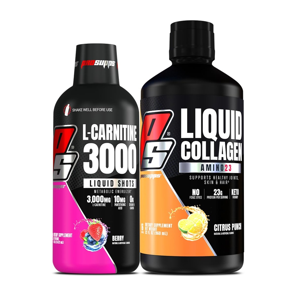 PROSUPPS L-Carnitine 3000 Stimulant Gratis Liquid Shots (Berry) Amino23 Liquid Collageen Shots (Citrus Punch) Bundel
