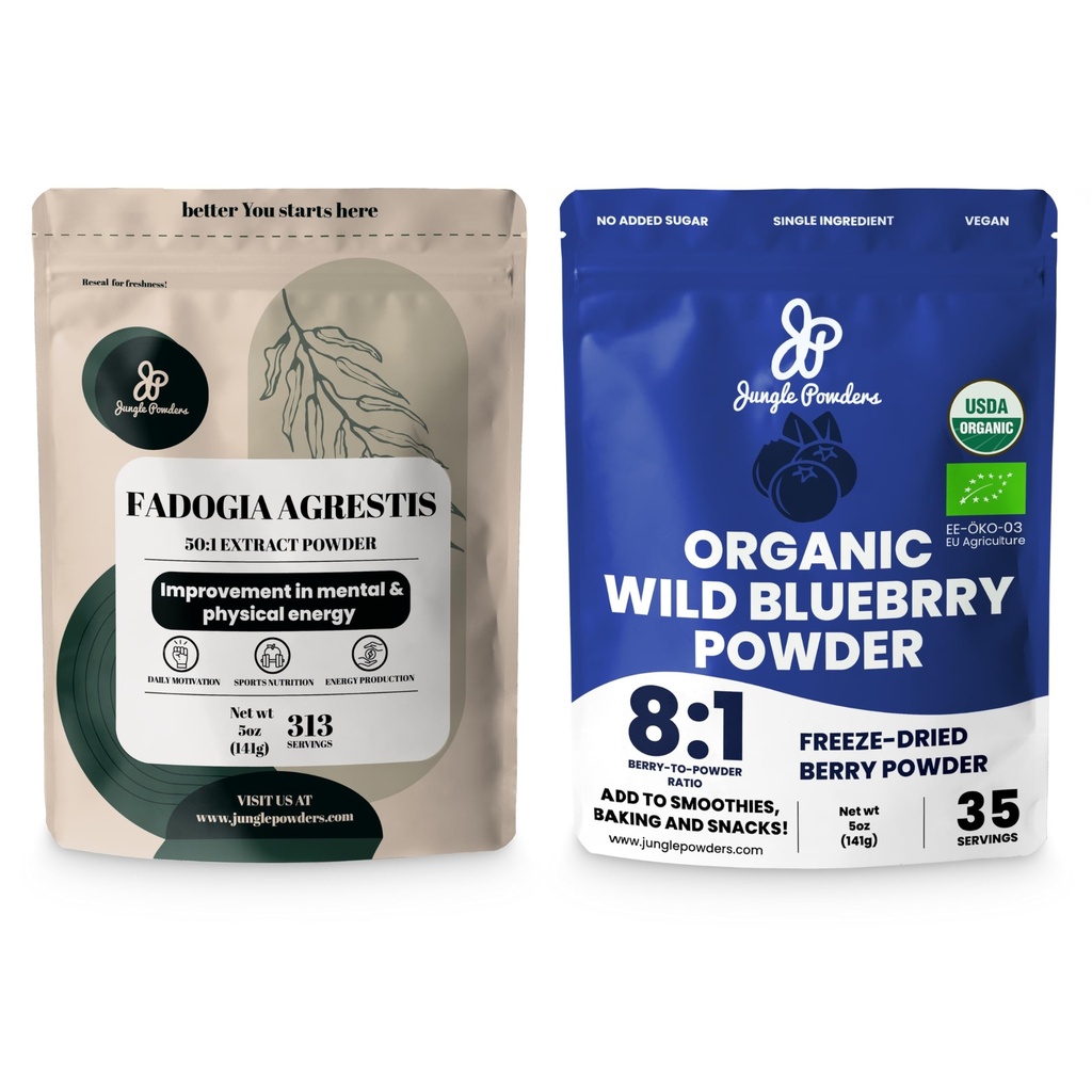 Jungle Powders Men's Health & Vitality Bundle: 5oz Fadogia Agrestis Extract Powder for Drive & Passion + 5oz USDA Certified Organic Wild Blueberry Powder for Enhanced Wellness in Smoothies & Baking!