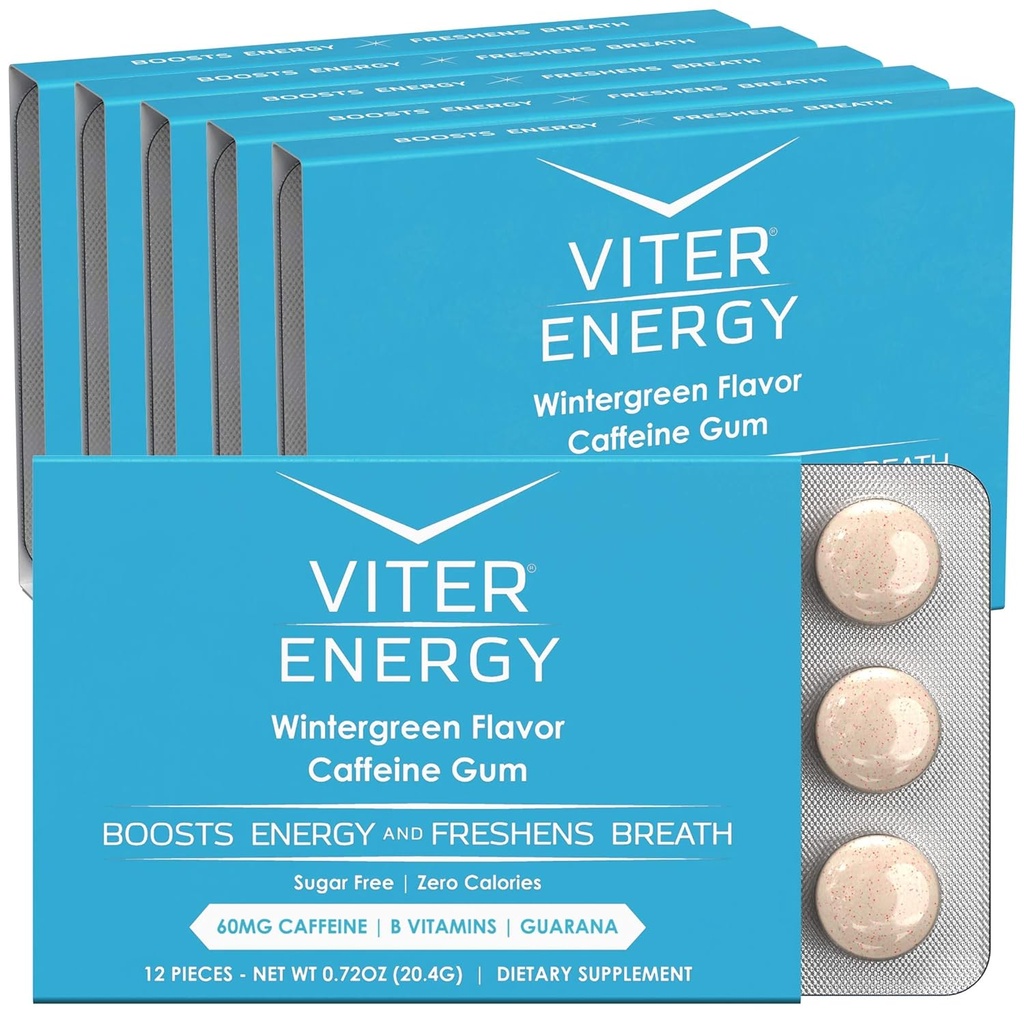 Viter Energy Cafeïnated Gum 60mg Cafeïne, B Vitaminen, Guarana, Suikervrij. (Wintergroen, 12st, 6 Pack)