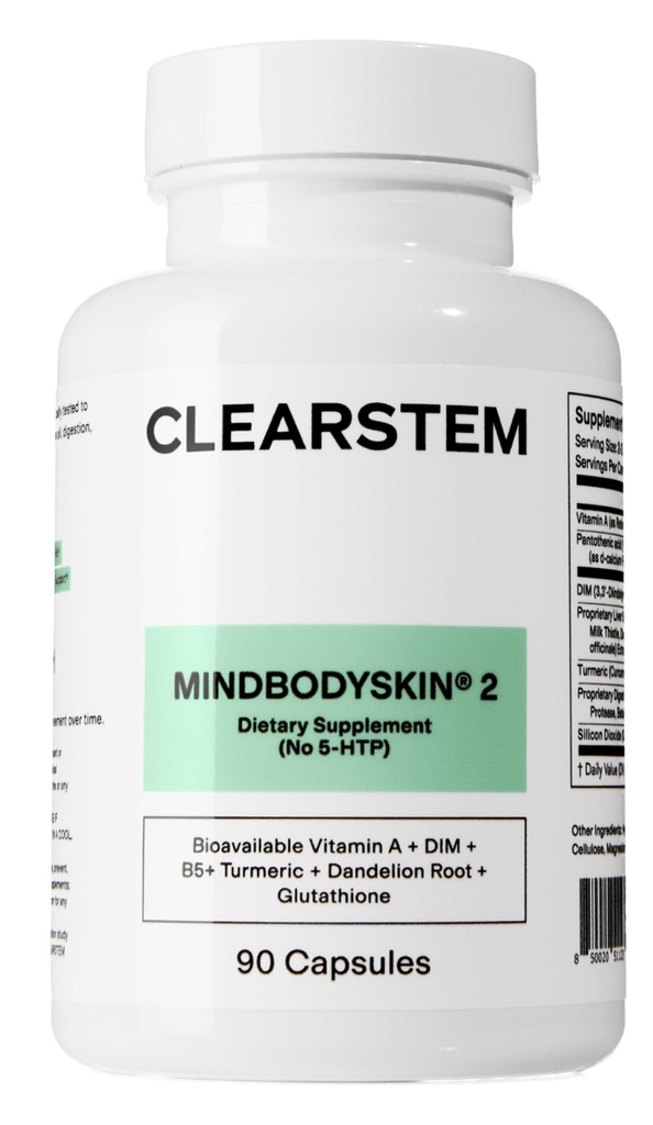 CLEARSTEM - MINDBODYSKIN Hormonal Acne Supplement (No 5-HTP) - Natuurlijke DIM supplement - Huidverzorging Vitaminen - Hormone balans, Antioxidanten - Glutenvrij, Wreed Vrij - 30 porties, 90 Capsules