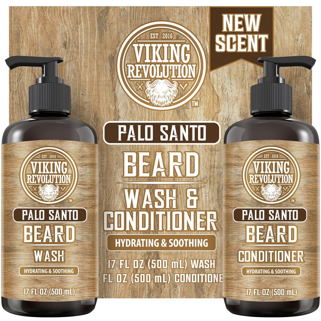 Viking Revolution Palo Santo Baard Wash en Baard Conditioner Set met Argan en Jojoba Olie - Zachten en Versterkt - Natuurlijke Palo Santo Geur - Baard Shampoo met Ginseng Root Extract (17 oz)