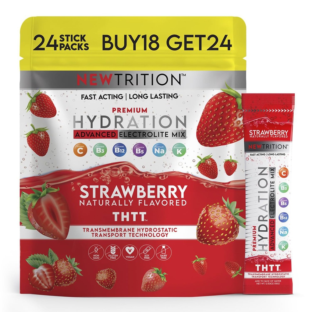 Hydration Powder, Strawberry Pack van 24 Electrolyte Powder Packets, natuurlijk Flavored Hydrating Packets voor Water, Fast Acting Hydrate Electrolytes met Vitaminen B&C, Energie & Recovery