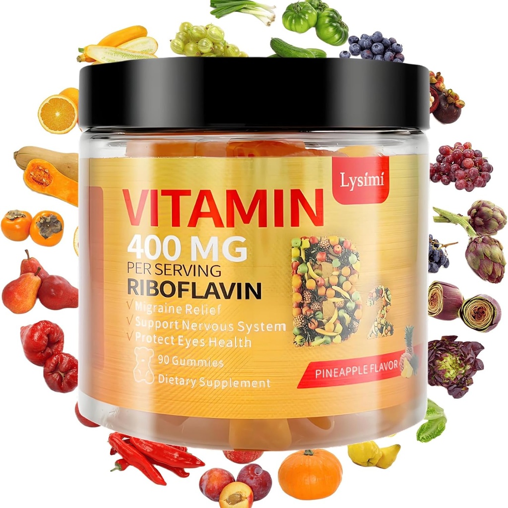 Vitamine B2 Gummies, vitamine B2 Riboflavine Gummies 400mg, Migraine Relief & Heather Relief Riboflavine Vitamine B2 Gummies, soja & Glutenvrije, 90 Vitamine Gummies voor kinderen en volwassenen