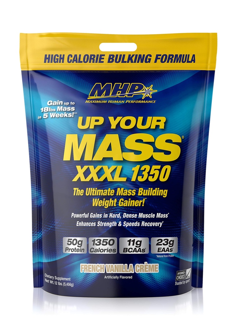 Maximum Human Performance MHP UYM XXXL 1350 Mass Building Weight Gainer, Muscle Mass Gains, w/50g Proteïne, Hoge Calorieën, 11g BCAA's, Leucine, Franse Vanilla Creme, 16 Servers
