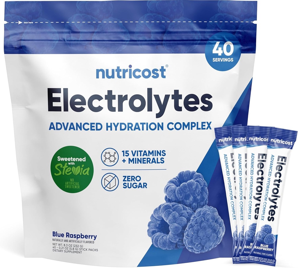 Nutricost Elektrolyten Poeder Hydratatie Pakjes (Blauwe Raspberry, 40 Servers) Lage Calorie Keto Elektrolyten Gezoet met Stevia - Non-GMO, Glutenvrij en Suikervrij