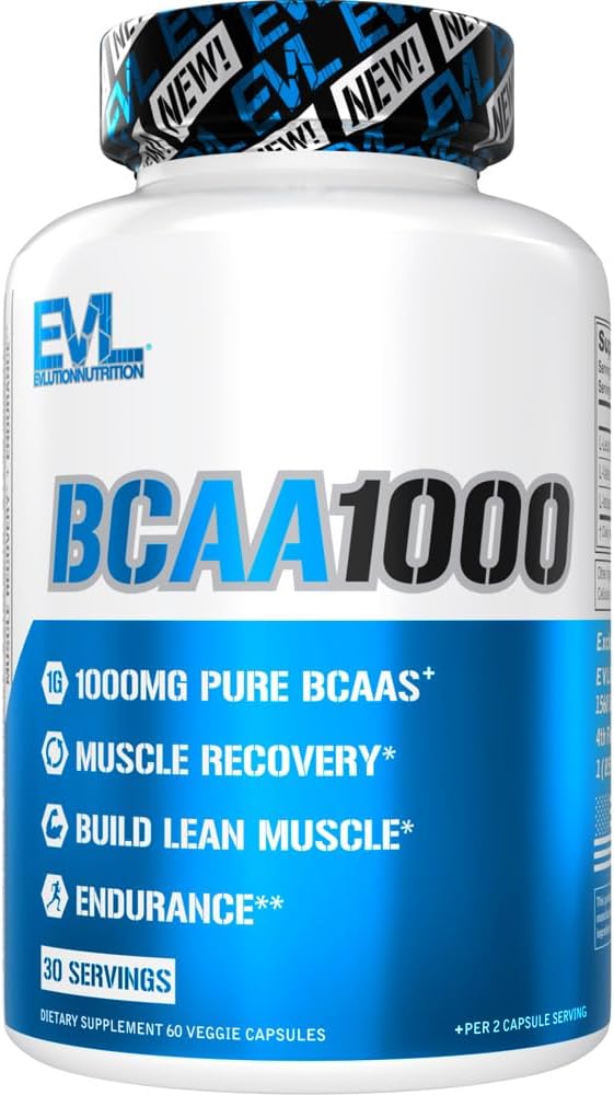 BCAA's Aminozuren supplement voor mannen - EVL 2:1:1 5g Capsules voor Post Workout Herstel en Lean Muscle Builder voor mannen - BCAA1000 Branched Chain Aminozuren Voedingssupplement - 30 Servers