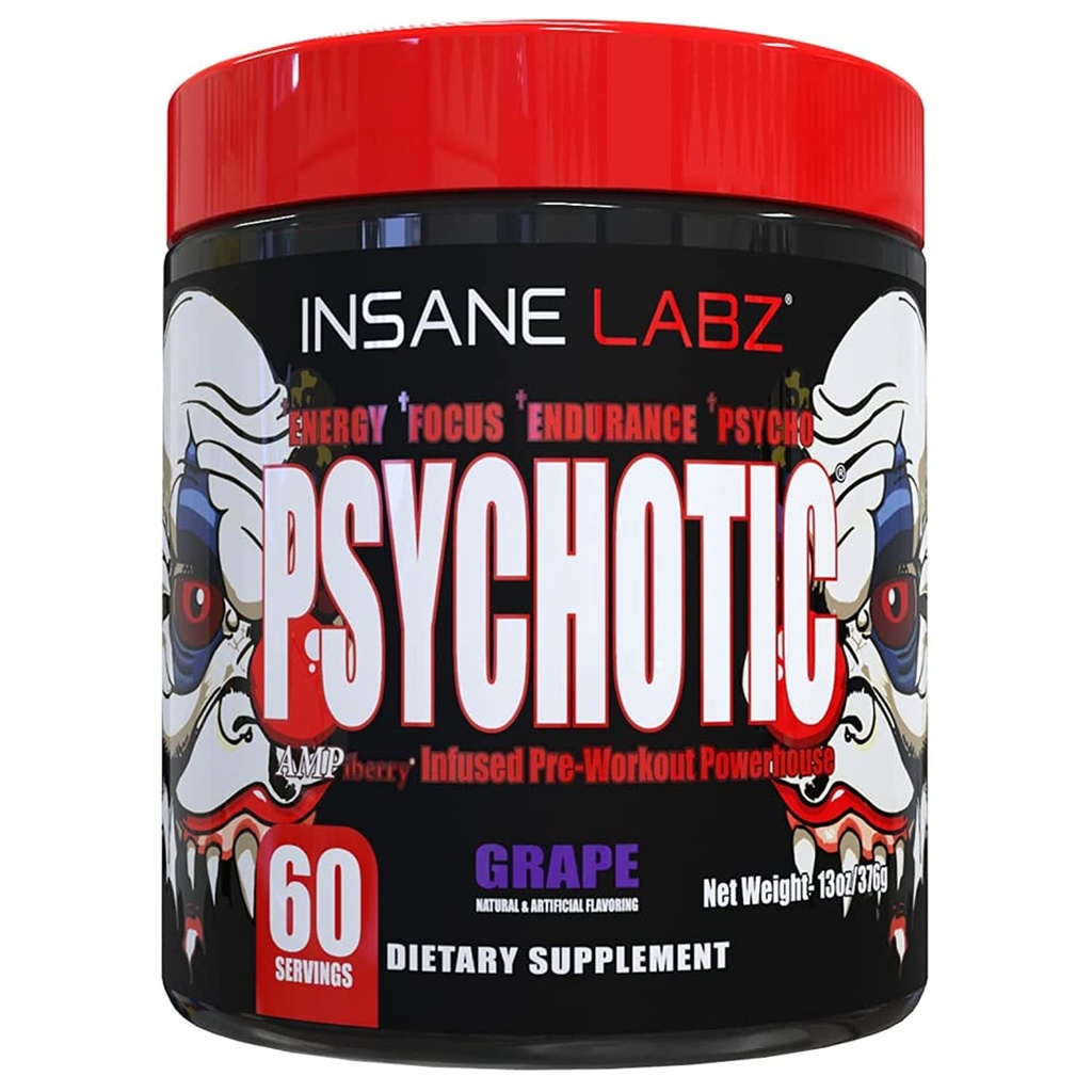 Insane Labz Psychotic, High Stimulant Pre Workout Powder, Extreme Lasting Energy, Focus and Endurance with Beta Alanine, Creatine Monohydrate, DMAE, 60 Srvgs, Grape