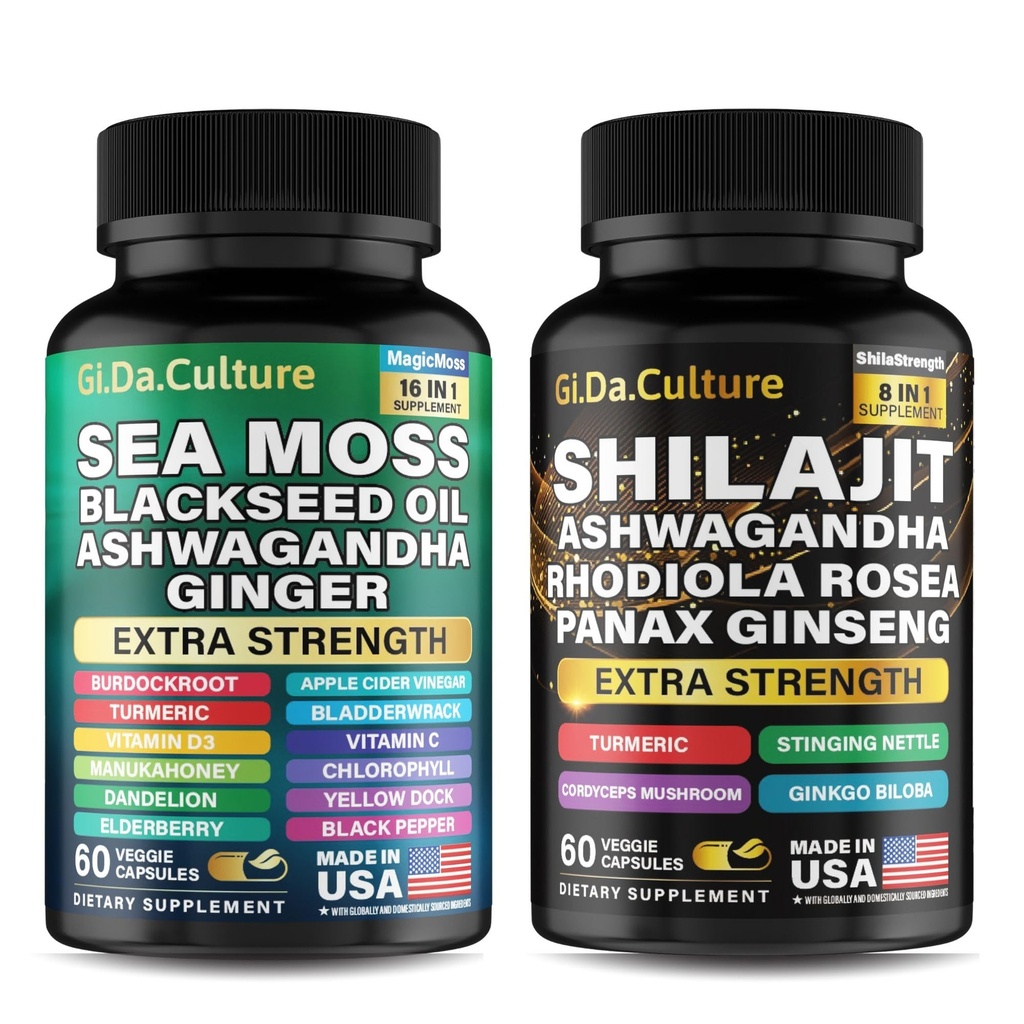 Shilajit en Sea Moss Combo - Sea Moss en Shilajit Bundel met Ashwagandha, Black Seed, Kurkuma, Bladderwrack, Burdock, Black Pepper met vitamines en antioxidanten - 120 Veggie Capsules
