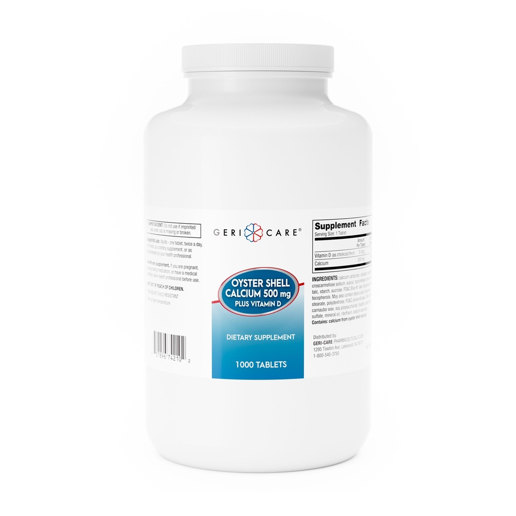 GeriCare Oyster Shell Calcium 500mg + Vitamine D, Bot Gezondheid, Voedingssupplementen Tabletten, 1000 Tellen (Pack of 1)