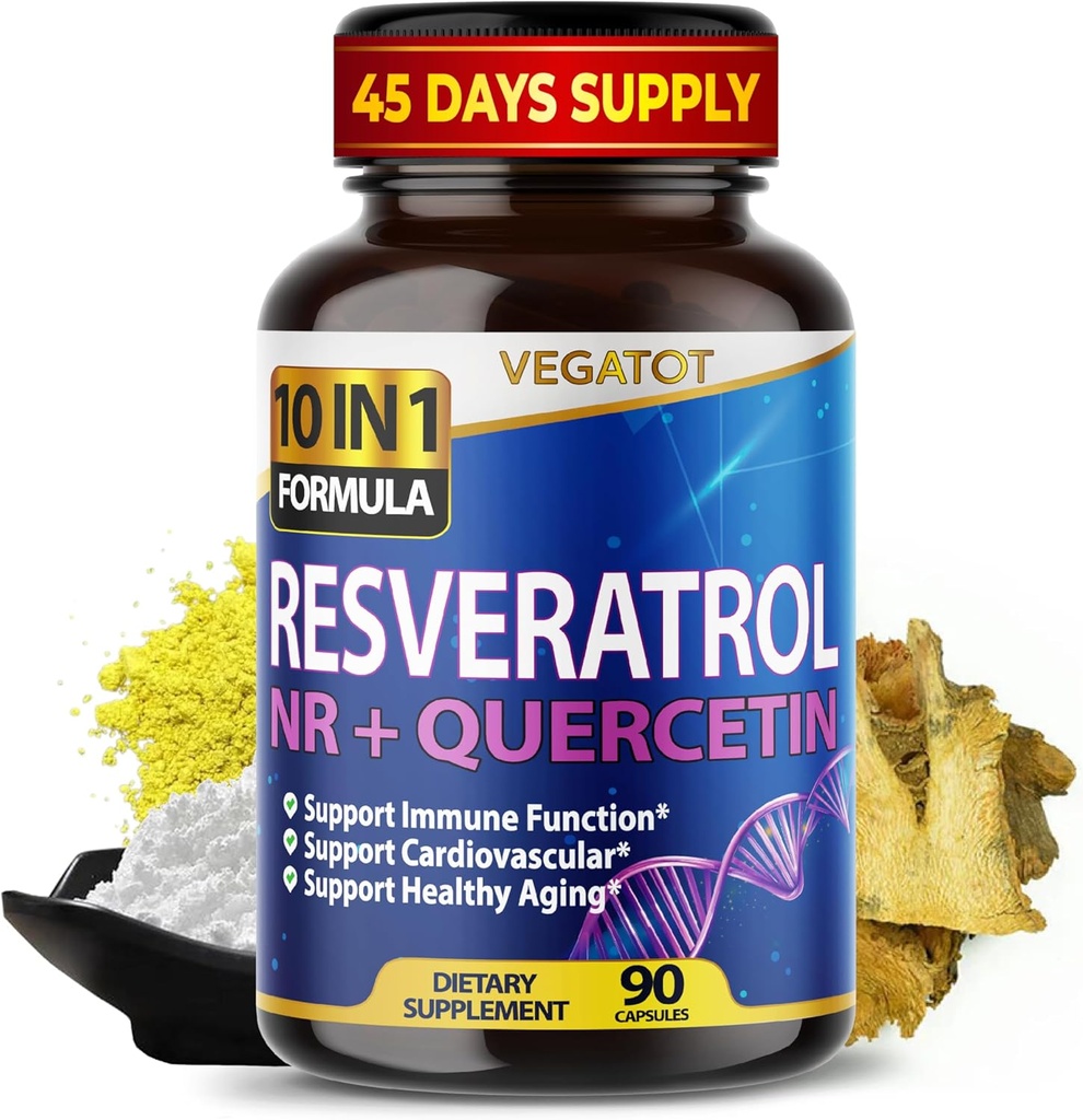 VEGATOT 10 in 1 Hoge sterkte Resveratrol met Quercetine Gezond Verouderen Immuun Hersen Boost Gezamenlijke Ondersteuning (90 Tellen (pakket 1))