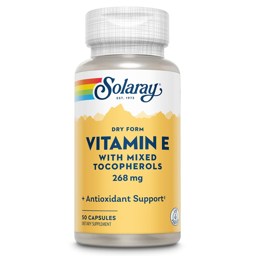 SOLARAY Vitamine E 400 IE (268 mg), droge vorm met gemengde tocoferolen Vitamine E - Antioxidant Supplement, PMS en Menopauze Ondersteuning - 60 dagen garantie, Lab geverifieerd - 50 porties, 50 capsules