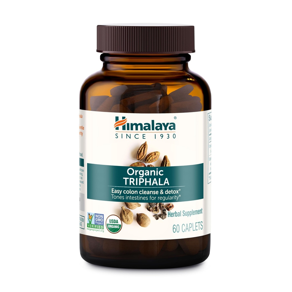 Himalaya Organic Triphala, 2 maand supply, for Colon Cleanse, Detox & Occasional Constipatie, USDA Certified Organic, Non-GMO, Gluten-Free, Extract & Powder Herbal Supplement, 688 mg, 60 Capletes