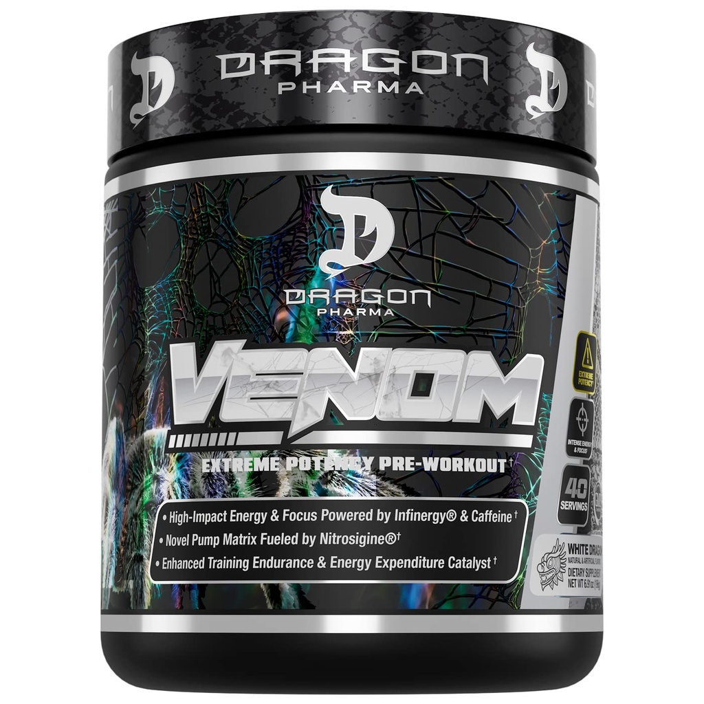 DRAGON PHARMA Venom Extreme Potency Pre-Workout, Laser Sharp Focus + Energy, Intense Performance, Bewezen Ingrediënten voor Verbeterde Vasodilatatie & Endurance (40 Servers, Witte Draak)