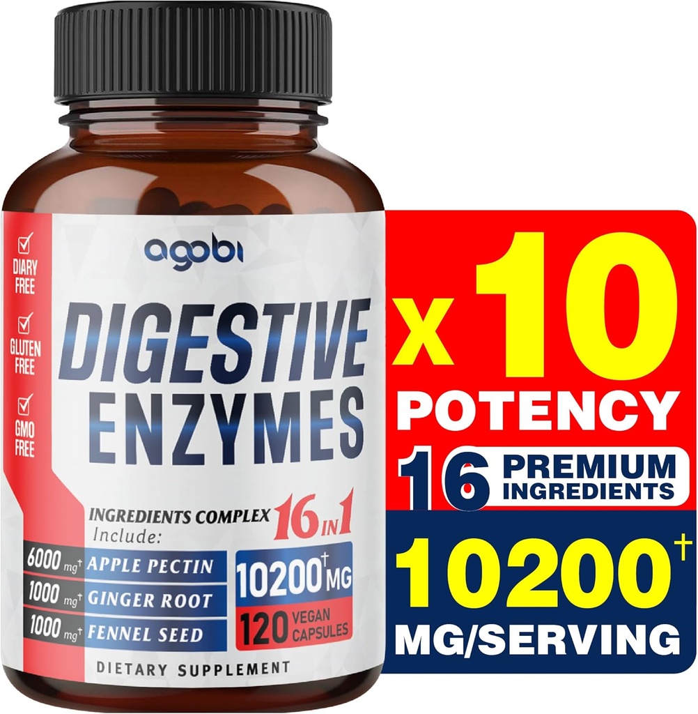 agobi 10200 Mg Digestieve enzymen met prebiotica voor digestie, immuun- en lichaamsondersteuning - 16in1 met Apple pectine, gemberwortel, prebiotisch systeem & meer - 120 capsules gedurende 2 maanden