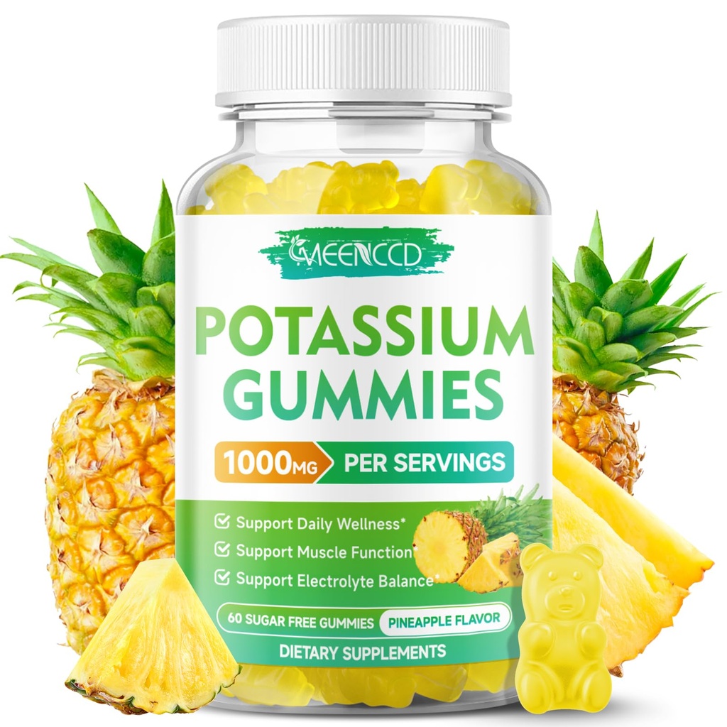 Kalium citraat Gummies 1000mg, Hoge Potency Kalium Supplement Gummies voor Volwassenen Vrouwen en Mannen, Ondersteuning Leg Cramps & Muscle Health, Sugar-Free, Ananas smaak, 60 Tellen