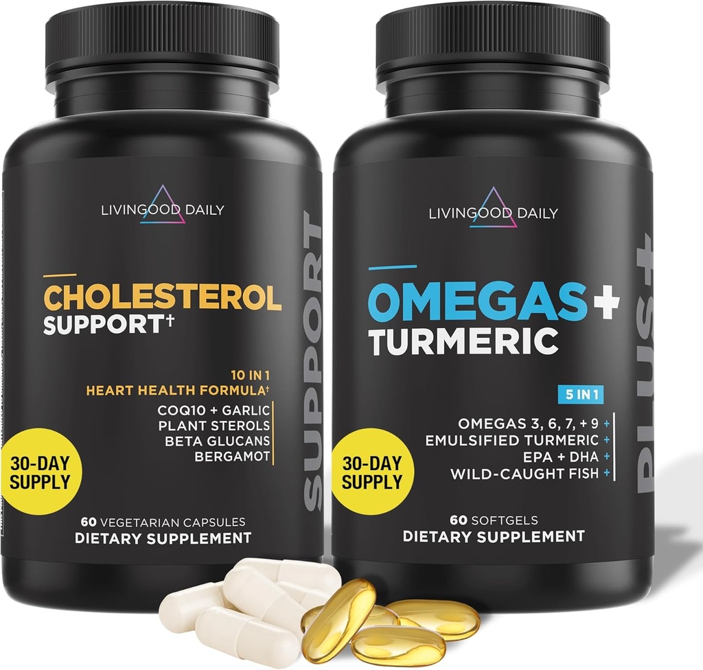 Livingood Daily Cholesterol Support, 60 Vegetarian Capsules - CoQ10, Plant Sterols, Plant Sterols, Bergamot, & Knoflooksupplementen Ondersteuning Hartgezondheid en gezonde Lipidenproductie - Non-GMO & Vegan