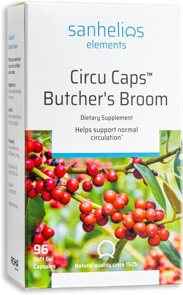 Sanhelios Circu Caps High Potency Butcher's Broom gedroogd Extract 33mg & Rosemary Oil - Herbal Support Supplement voor gezonde bloedstroom, Veins & Circulatie in Benen - 96 Softgel Capsules
